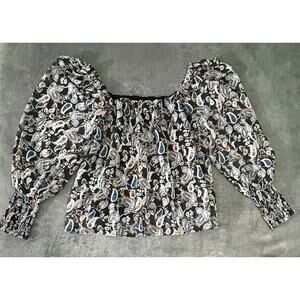 Before You Blouse Paisley Top Black W/multi Color Sheer Boho Off Shoulder M